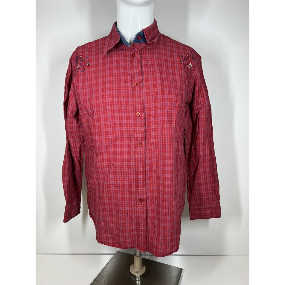 Wrangler Blues Red Plaid Dual Side Embroidered Cowgirl Womens SZ Large Button‎